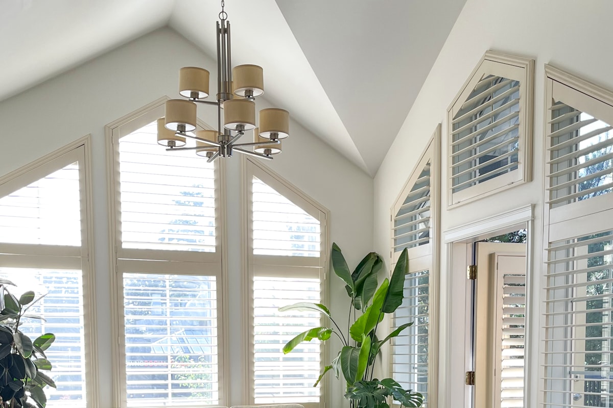 Custom shaped windows in a bright living room